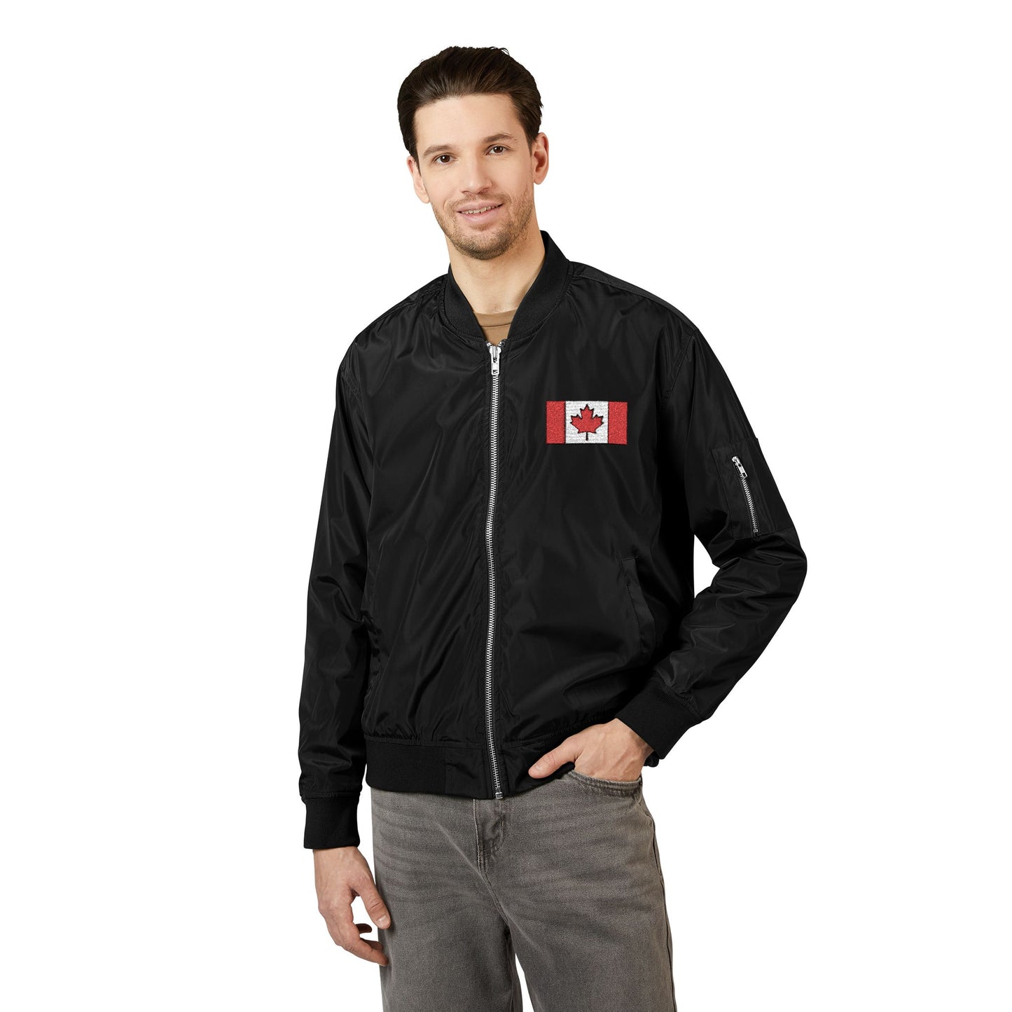 Eco-Friendly Embroidered Bomber Jacket with Canadian Flag - Great for Travel and Leisure