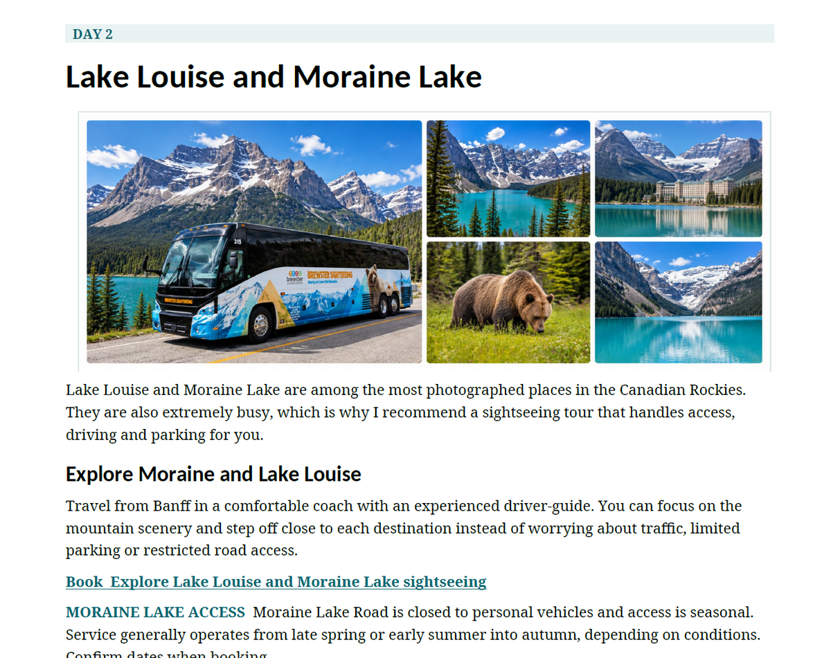 Banff 4 Day Digital Travel Itinerary - Detailed planner with interactive maps, booking links, insights