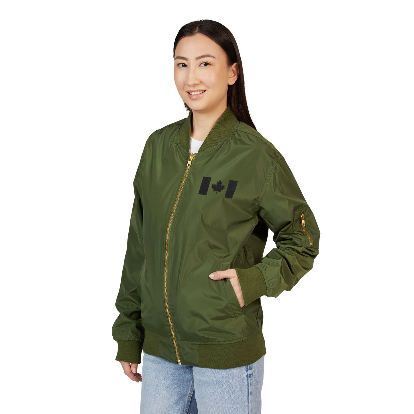 Eco-Friendly Embroidered Bomber Jacket for Him and Her with Black Canadian Flag