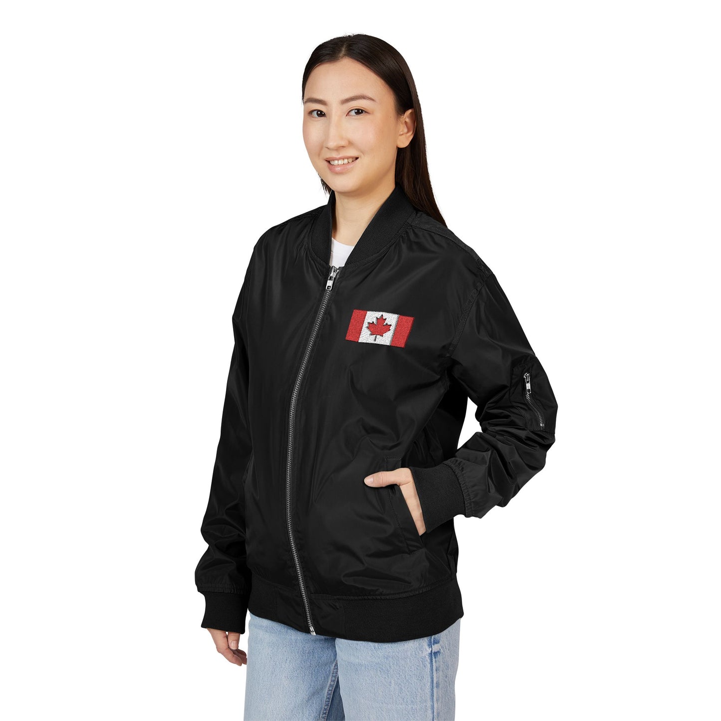 Eco-Friendly Embroidered Bomber Jacket with Canadian Flag - Great for Travel and Leisure